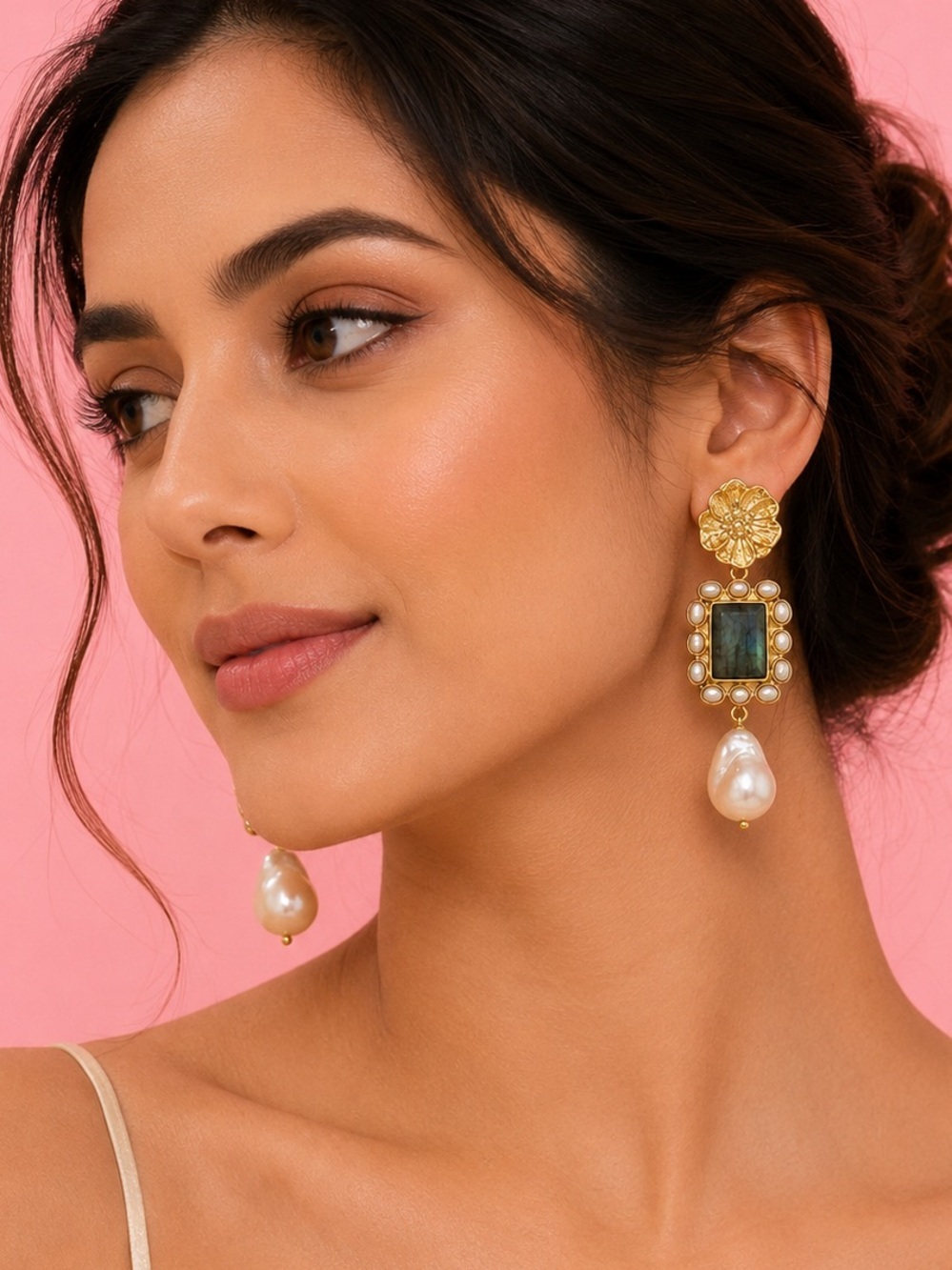 Couture Gold Floral Pearl Drop Earrings